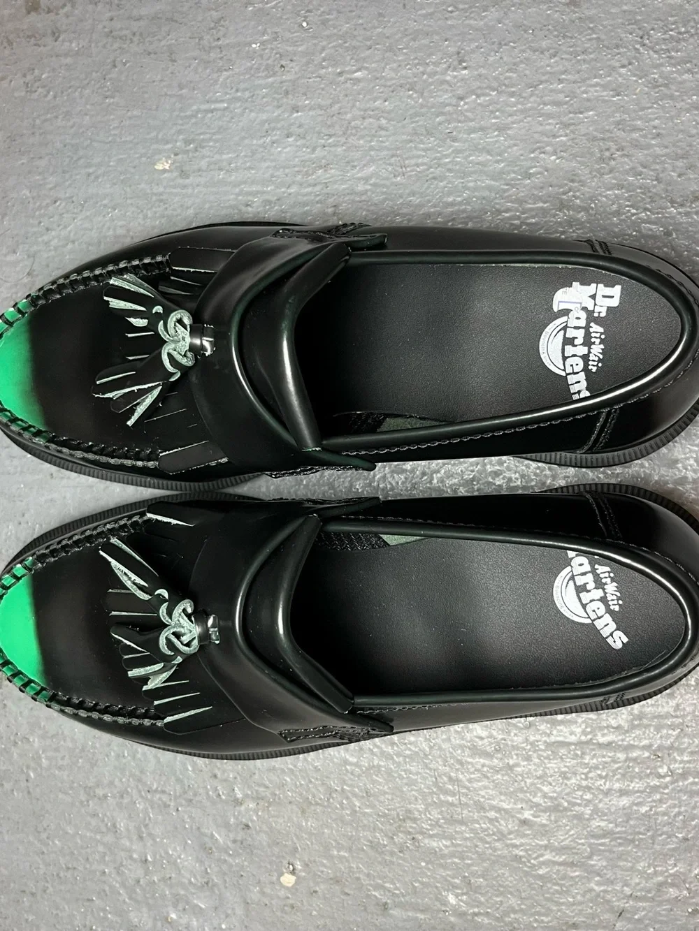Dr. Martens Black Loafers with Green Toe Accent and Tassels
